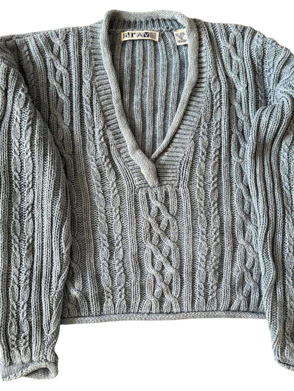 Bravo Blue Gray Cable Knit Deep V-Neck Sweater – Size S